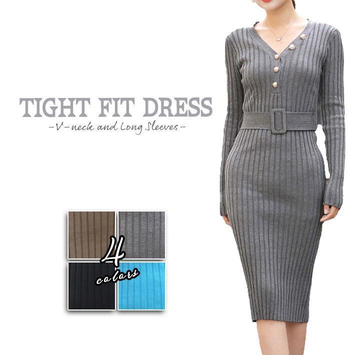 タイトワンピース ニットワンピース ひざ丈 ミディワンピース ボディコン フィット感 ベルト付き Vネック 長袖 暖かい リブニット レディース