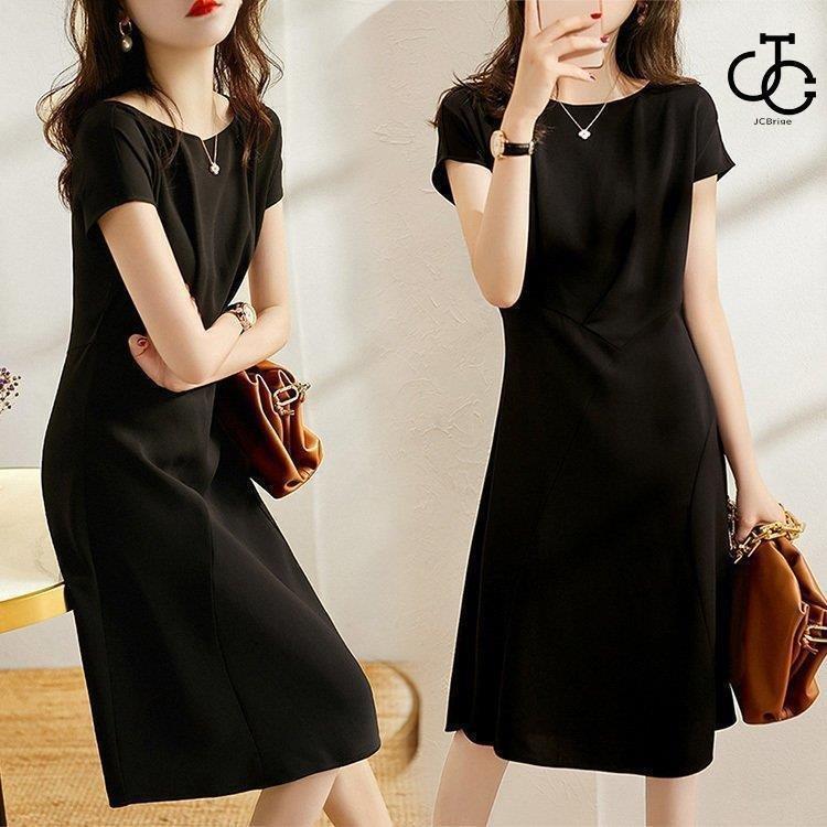 ワンピース レディース 40代 きれいめ 膝丈ワンピース 春夏新作 半袖ワンピース 黒シフォン ボートネック Aラインスカートオシャレ韓国風 大人 通勤OL ゆったりのサムネイル