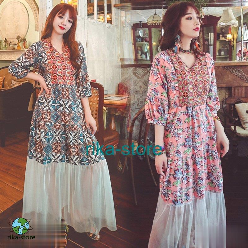 ワンピース レディース 40代 マキシワンピース 春夏秋 五分袖ワンピース花刺繍 Vネックブボヘミア風ロング丈スカート ひざ下 オシャレ 旅行 ビーチ ゆったり