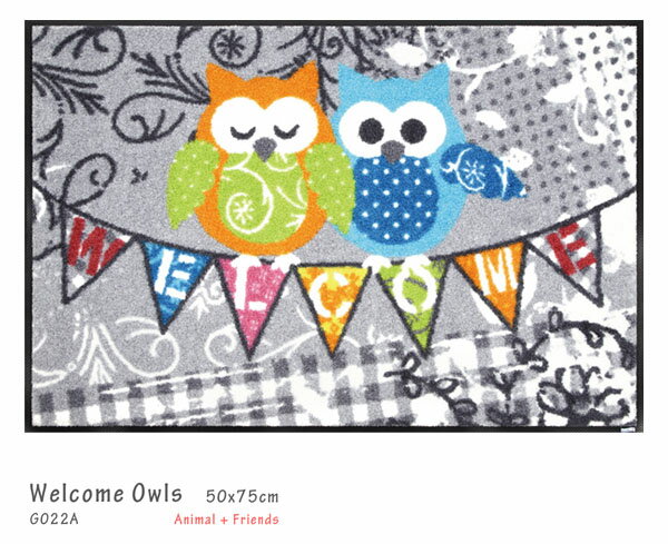 Welcome Owls 《G022A》50×75cm1枚クリーンテックス wash＋dry丸洗い 吸水マット エントランス テラス ペット リビング 裏面ゴム 滑り止め 防炎 屋内 屋外 薄型 KLEEN-TEX ウォッシュアンドドライ 玄関マット