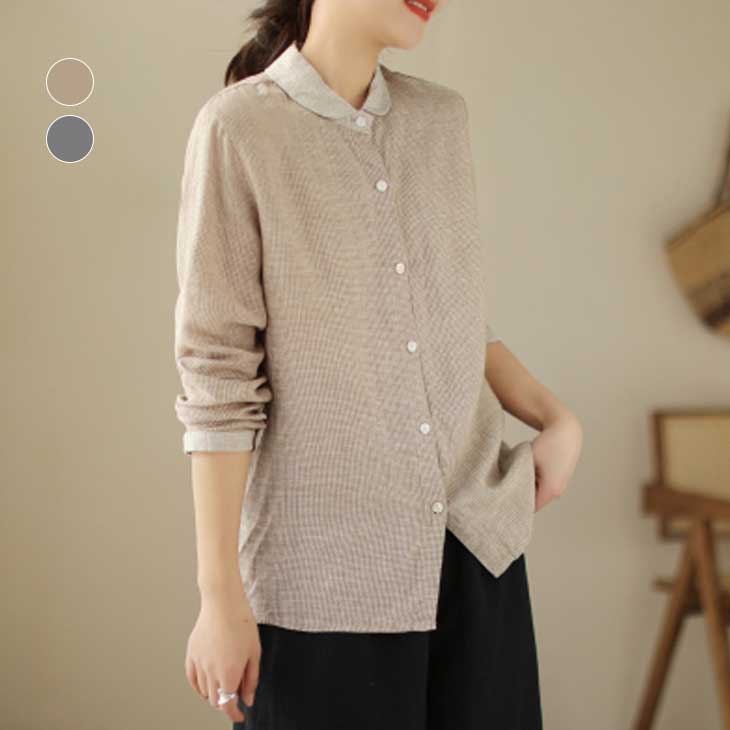【半額クーポン対象】 シャツブラウス シャツ 長袖 ロングシャツ ガーゼシャツ トップス ガーゼブラウス 前開き チェック柄 コットン チビ襟 体型カバー カジュアル ゆったり 柔らか 通気性【angtp301-001】【予約販売：9月28日入荷予定順次発送】【メール便送料無料】メ込2のサムネイル
