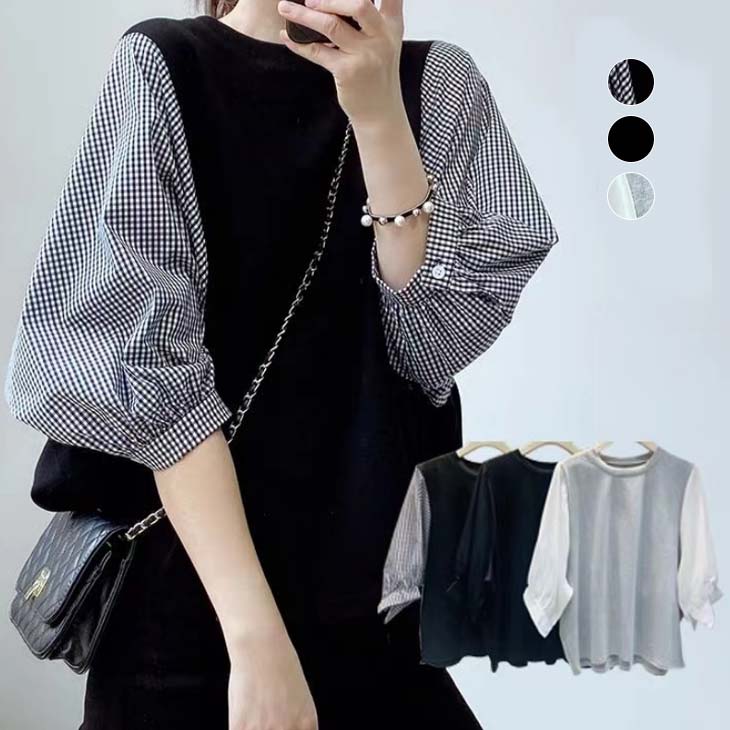 【半額クーポン対象】 トップス シャツ カットソー ラウンドネック パフ袖 レイヤード風 可愛い 大人可愛い シンプル 抜け感 デート 女子会 おしゃれ レディース プチプラ 韓国ファッション【angtp301-063】【予約販売：6月22日入荷予定順次発送】【メール便送料無料】メ込2のサムネイル