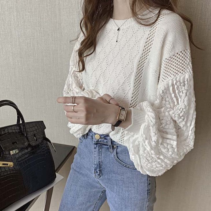 【30％OFFクーポン】透かし編みカットソー トップス クルーネック パフ袖 長袖 ニット レース 