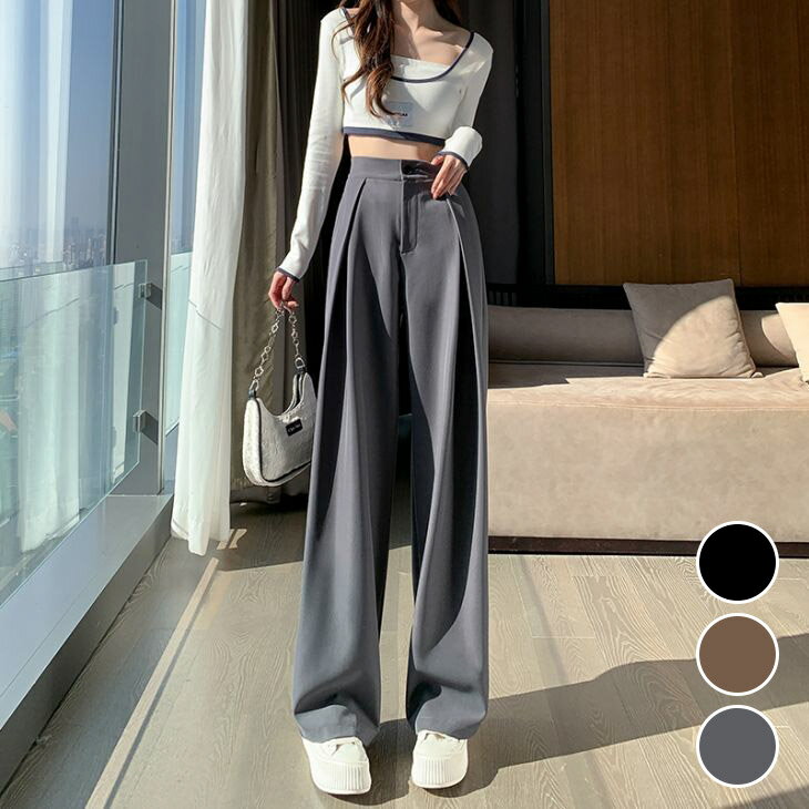 【30％OFFクーポン】 ハイウエストタックパンツ スラックス 美脚 脚長効果 細見え 可愛い 大人