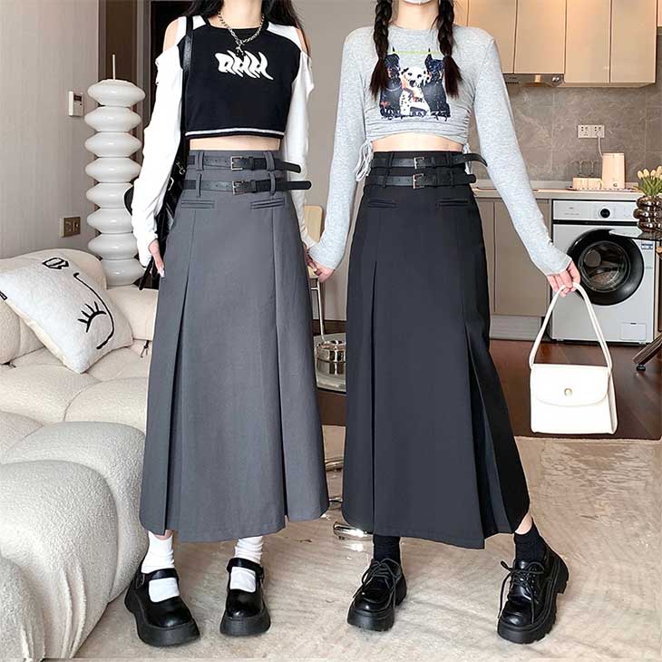 【30％OFFクーポン】 ダブル ベルト ロング スカート ハイウエスト プリーツ シンプル カジュアル マキシ丈 おすすめ レディース オシャレ トレンド 人気 プチプラ 韓国ファッション 2023秋冬新作【angsk308-218】【予約販売：9/12〜9/19発送予定】【送料無料】メ込2のサムネイル