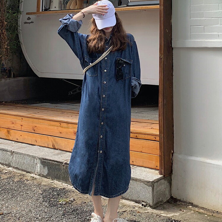 【30%OFFクーポン】デニム 長袖 ワンピース ロング ミモレ 長袖 シンプル 長め丈 着回し ゆったり 可愛い 流行 カジュアル 春 夏 秋 韓国ファッション レディース【onep1005】【予約販売:4/17〜4/24発送予定】