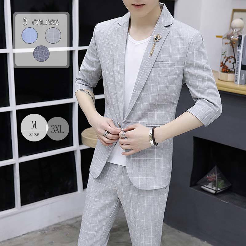 商品情報商品情報実寸ジャケットM:着丈66cm、身幅46cm、肩幅41cm、袖丈59cmL:着丈68cm、身幅48cm、肩幅43cm、袖丈60.5cmXL:着丈70cm、身幅50cm、肩幅44.2cm、袖丈62cmXXL:着丈72cm、身幅52cm、肩幅45.6cm、袖丈63.5cm3XL:着丈74cm、身幅54cm、肩幅46.8cm、袖丈65cmパンツM:パンツ丈95cm、ヒップ93cm、ウェスト75cm、太もも56cmL:パンツ丈97cm、ヒップ95cm、ウェスト78cm、太もも57cmXL:パンツ丈99cm、ヒップ97cm、ウェスト81cm、太もも58cmXXL:パンツ丈101cm、ヒップ99cm、ウェスト84cm、太もも59cm3XL:パンツ丈103cm、ヒップ103cm、ウェスト87cm、太もも60cm※平置き実寸で作ったサイズ表と素材の特性は商品と採寸する場所によって1cm-3cm程度の誤差がある場合がありますので、 ご了承ください。素材表地：ポリエステル裏地：ポリエステルカラーブルー/ライトグレー/ダークグレー適応シーズン 春 夏素材感 伸縮性…無い 透け感…無い 生地の厚み…薄い 着心地…ややタイト 肌触り…普通注意点●実寸とは測り方が異なります為、2~3cmの誤差が生じる場合ががある事をあらかじめご了承ください。●当商品は機械による生産上、生地を織る際に糸の継ぎ目や多少のほつれなどが生じる場合がございますが品質上の問題がございませんので何卒ご了承くだ。●商品写真はできる限り実物の色に近づけるよう努力しておりますが、お客様がご使用になられるパソコンのモニターやカラー設定お部屋の照明日光などにより色の変化が感じられる場合がございます。 予めご理解いただきますようお願い致します。●生地の特性上、やや匂いが強く感じられるものもございます。数日のご使用や陰干しなどで気になる匂いはほとんど感じられなくなります。●お届けから7日以上経過した場合は、返品と交換をお受けできません。何卒ご了承くださいませ。●モデルに使用している小物、アクセサリ等はセット内容に含まれません。●発送上の状態によって商品がシワになる場合がございます。予めご了承くださいませ。発送について：●即納商品以外で、メーカーから取り寄せを致しますので、7日間前後お時間を頂いております。●在庫確認、配送状況、休日を間にする事により、予定より遅くなる可能性がございます。●当店ではラッピングのサービスを行っておりません、ご了承くださいませ。メールについて：●メール返信とご注文対応は、平日10：00〜18：00頃に対応しております。●携帯メールでの登録は迷惑メールによりメールが届かない場合がございます。返品について：●返品ご希望の際は商品到着から7日以内に必ず当店までご連絡をお願いいたします。●ご連絡がない場合の返品はご遠慮ください。●ご連絡を頂けましたらスムーズに対応できますので、ご協力いただけますようお願い申し上げます。●お客様都合の返品返金について、返品送料はお客様負担なります。返金金額は商品単価の85％になります。※商品の在庫につきまして複数店舗にて在庫を共有しております。ご購入のタイミングによりご注文後に欠品となる場合もございます。在庫不足の場合は改めてメールさせていただきますのでご了承のほどお願い申し上げます。【在庫がある場合】7日〜10営業日以内に発送します。送料について●沖縄県、北海道は追加送料がかかる場合があります。「送料無料」2ピーススーツ メンズ テーラードジャケット チェック柄 カジュアルスーツ 七分袖 サマースーツ 上下セット チェック柄 カジュアルスーツ 七分袖 サマースーツ 上下セット カジュアルジャケット アウター お洒落(suit111) 2ピーススーツ メンズ テーラードジャケット チェック柄 カジュアルスーツ 七分袖 サマースーツ 上下セット カジュアルジャケット アウター お洒落 送料無料 【在庫がある場合】7日〜10営業日以内に発送します。 1