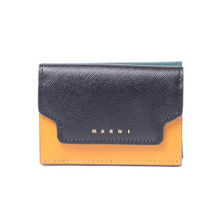 マルニ(Marni)3つ折コインケース付き財布サファイアーノレザーブラウン辛子グリーン