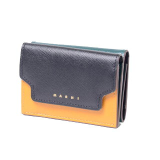 マルニ(Marni)3つ折コインケース付き財布サファイアーノレザーブラウン辛子グリーン