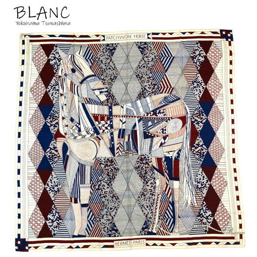 【中古】エルメス カレジェアン パッチワークの馬 カシミヤ シルク オフホワイト 140 大判ストール ショール マフラー 横浜BLANCのサムネイル