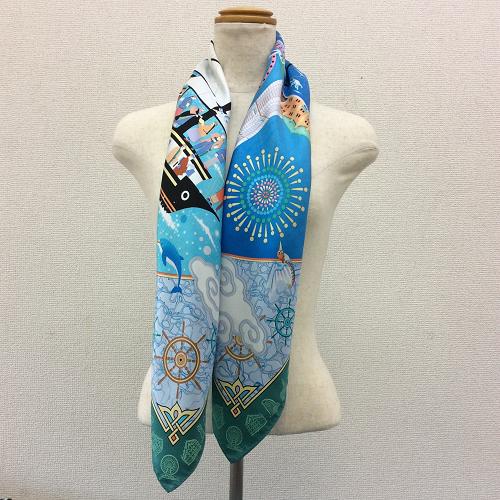 横浜の職人が染めた逸品横濱開港をデザインしたシルク100%のスカーフ開港柄グリーン