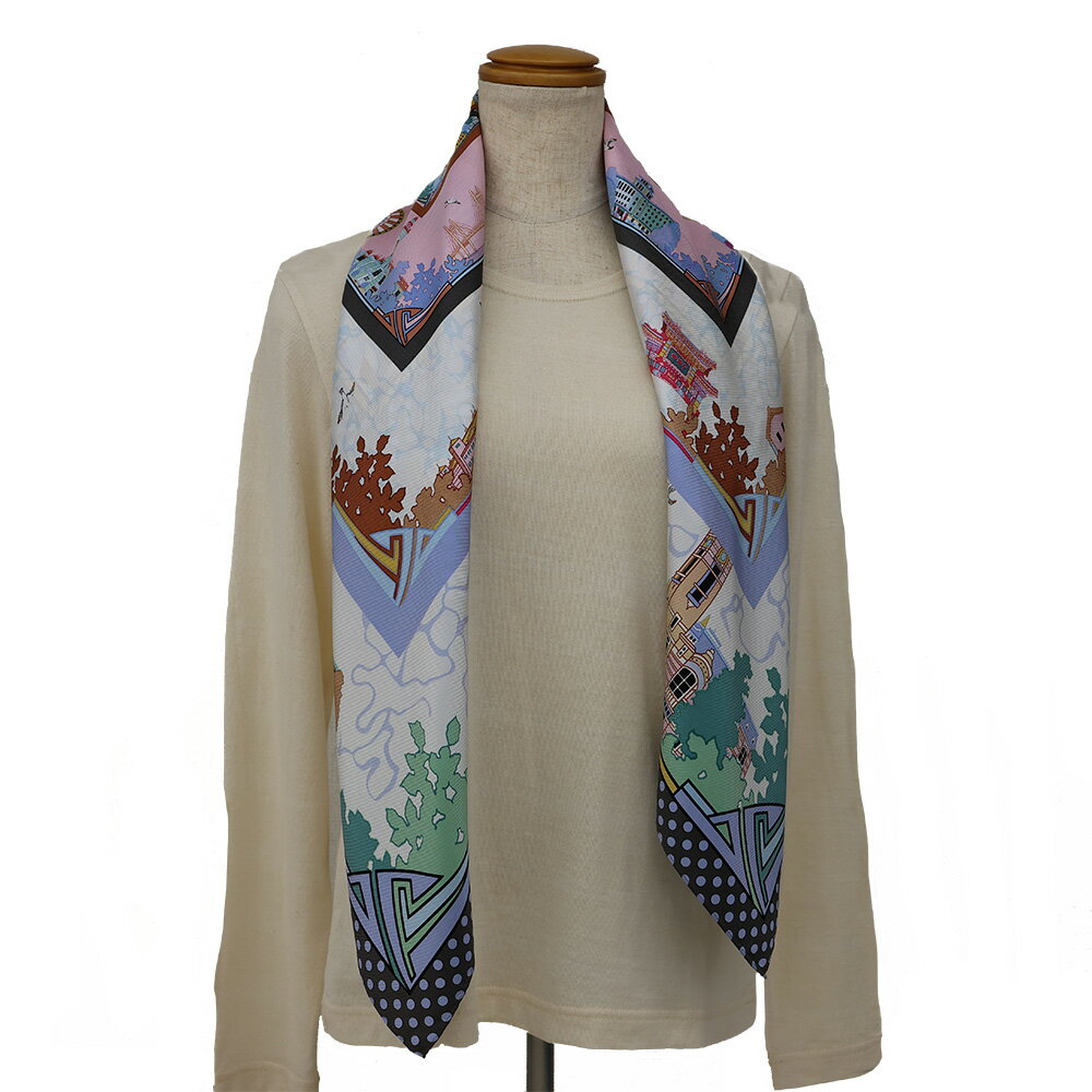 横浜の職人が染めた逸品横濱みなとみらいをデザインしたシルク100%のスカーフSEASON柄グレー