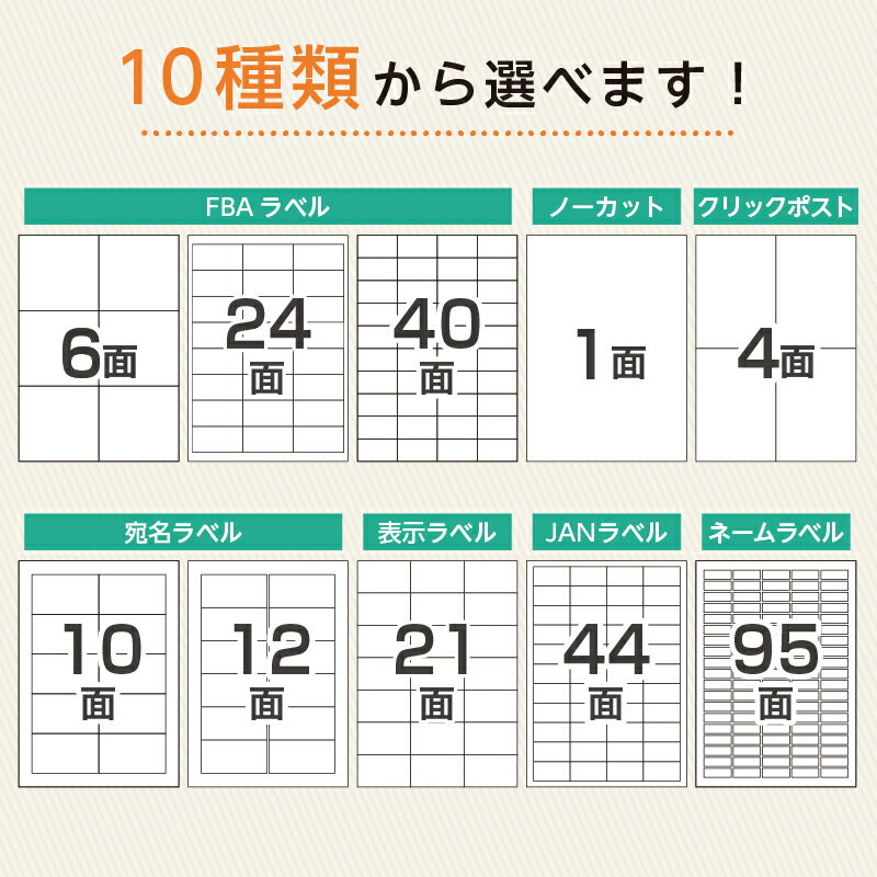 【選べるサイズとシート】ラベルシール FBA 対応 A4 100シート〜2000シート ノーカット 1面 4面 6面 10面 12面 21面 24面 40面 44面 95面 きれいにはがせる 強粘着 宛名 配送 ラベル シール ノーカットラベル クリックポスト対応 宛名ラベル 宛名・表示ラベル FBAラベル