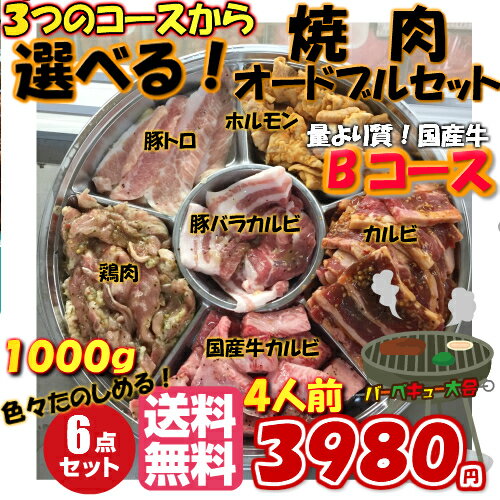 焼肉セット 選べるオードブル セット[ 4人前 1kg〜1.2kg] 《 送料無料 》 オードブル バーベキュー 牛肉 カルビ 豚肉 とんとろ 鳥肉 ホルモン 　 バーベキューセット ギフト 激安 セール 焼肉 BBQ キャンプ 業務用 プロ用 にも 訳あり ではございません