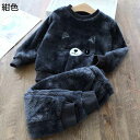 【20%OFFクーポン~】キッズ パジャマ 秋冬 寝間着 子供用 ボーイズ ガールズ クルーネック 可愛い猫柄 厚手 裏起毛 2点セット トップス+ズボン ウェストゴム 保温 防寒 ふわふわ もこもこ 肌に優しい 暖かい 部屋着 ナイトウェア
