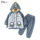 【20%OFFクーポン~】パジャマ 子供用 春秋冬 中綿入り ルームウェア 恐竜柄 フランネル 男の子 ボーイズ 厚手 裏起毛 上下セット 前開き トップス+ズボン ウェストゴム 可愛い モコモコ 肌に優しい 保温 防寒 部屋着 ナイトウェア
