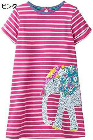 【20%OFFクーポン〜】ワンピース ガールズ 女の子 象アニマル柄 ドレス ニットコットン ストライプ シ..