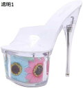 【20%OFFクーポン〜】ミュール サンダル クリア 花 太ヒール ピンヒール 17cm 透明 おしゃれ アンクルストラップ サボサンダル パーティ キャバ嬢 ...