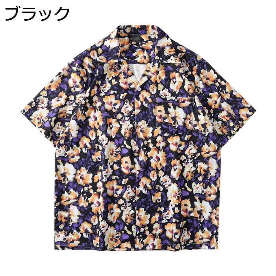 【20%OFFクーポン】アロハシャツ　メンズ　半袖　夏服　おしゃれ　大きいサイズ　花柄　総柄　カジュアル　ビーチシャツ　薄手　トロピカル　海水浴　男女兼用　ゆったり　半袖シャツ　花柄シャツ　開襟シャツ　ugQ-212　ブラック　M~3L