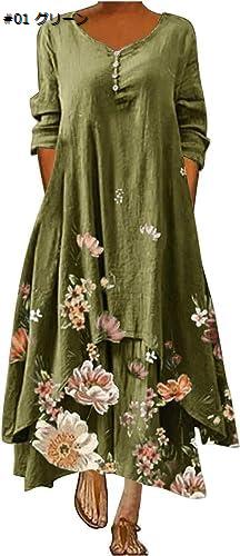 【20%OFFクーポン～】夏 ロング ワンピース レディース 半袖 ゆったり ロングワンピース 長袖 きれいめ マキシワンピース カジュアル マキシ丈 春夏 ドレス マキシ丈 着痩せ 花柄 チュニック 部屋着 プリント 重ね着風 ロング ワンピース 森ガール