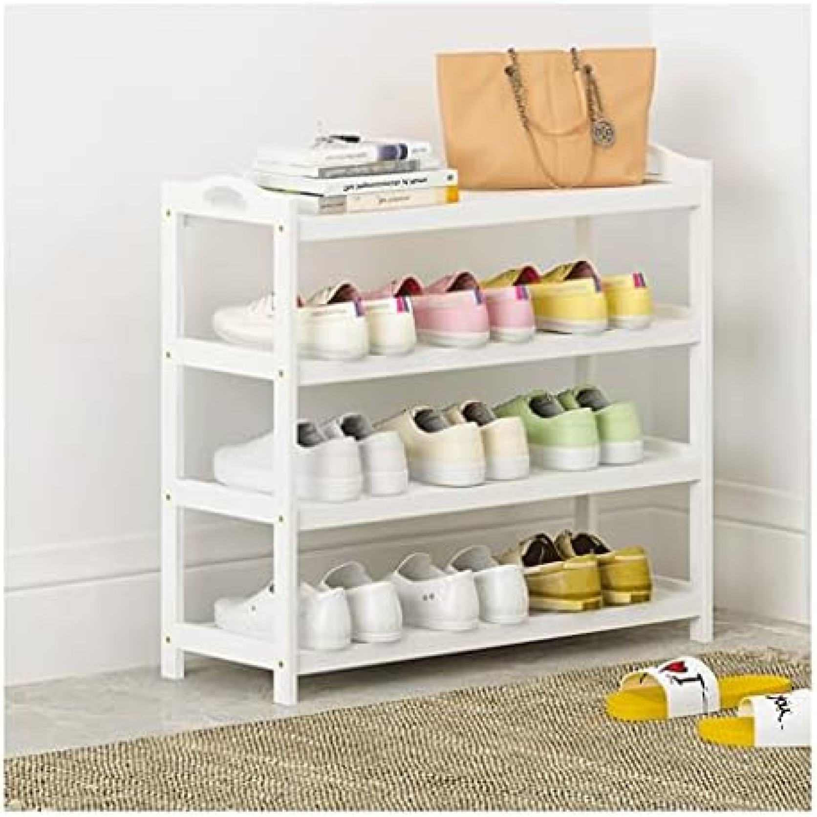 【20%OFFクーポン〜】高級竹ホワイトシューズラック、4層拡張可能な靴棚貯蔵器官、16組のガラギーリングルーム、ベッドルーム 主催者 (Color : Whi...