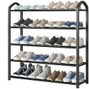 【20%OFFクーポン~】玄関用シューズラック 小型シューズラック 3/5段 不織布と亜鉛メッキパイプ 狭い靴ラック プラスチックハンドル付き モダンな靴棚 ブラック シューズラック収納 (大 5段)