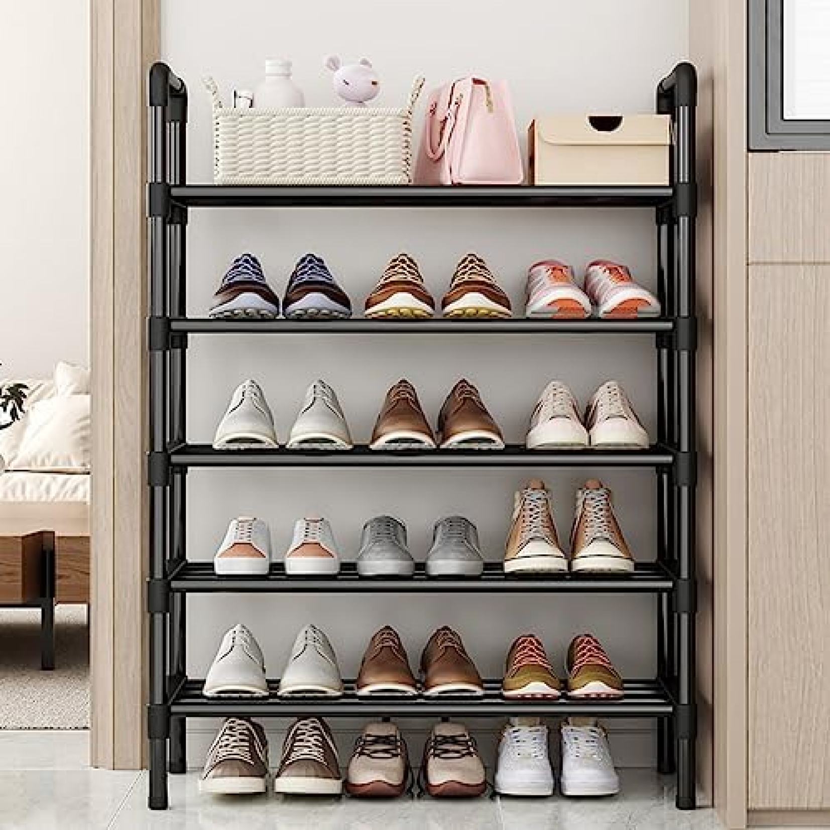 【20%OFFクーポン〜】シューズラック ストレージオーガナイザー 10段 シューズラック ストレージラック 自立型シューズラック 玄関 ワードローブ 寝室用 黒10枚重ね(幅60cm)