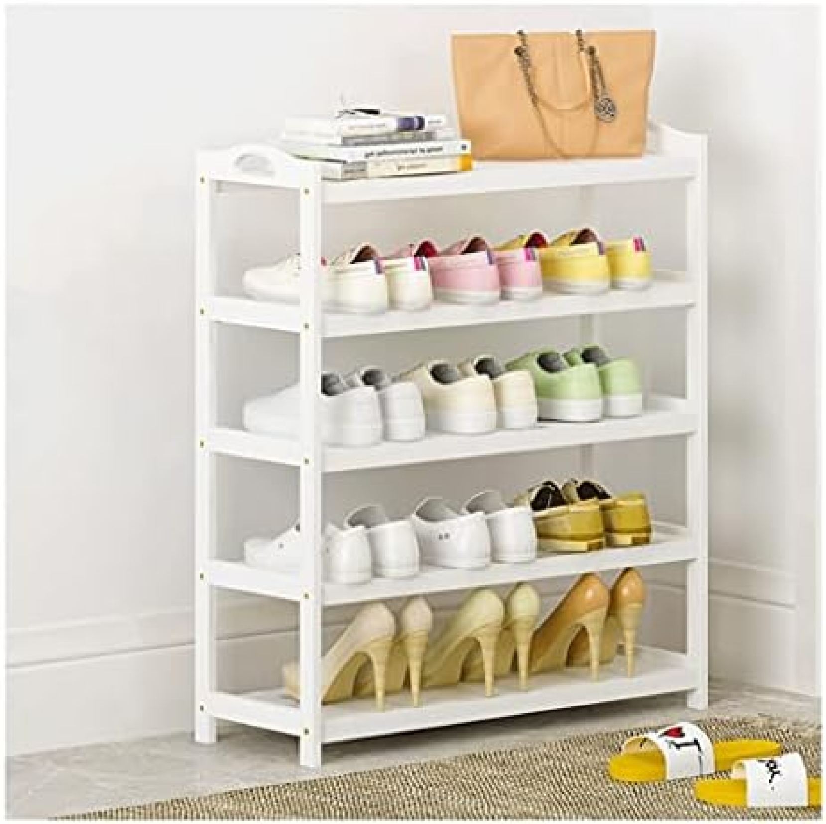 【20%OFFクーポン〜】高級竹ホワイトシューズラック、5層拡張可能な靴棚収納オーガナイザー、16組の大きなガガーライブルーム、寝室 主催者 (Color : ...