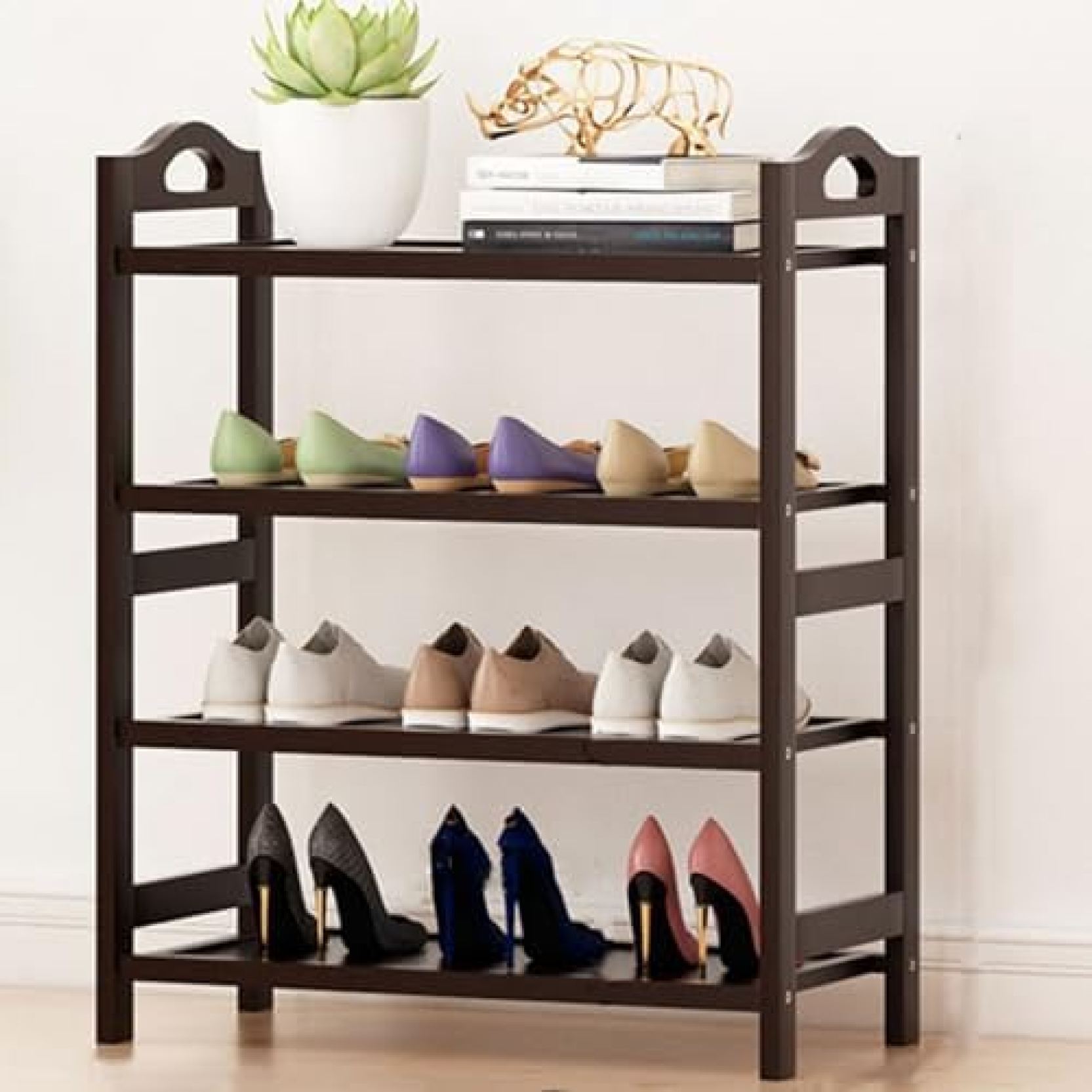 【20%OFFクーポン〜】シューズラック 下駄箱 竹製 靴棚 靴箱 玄関 省スペース スリム コンパクト 収納ラック 置物棚 組立簡単 寝室 部屋 リビング ブラウン 家庭用 ルーム アパート用 4段（60x25x70cm）
