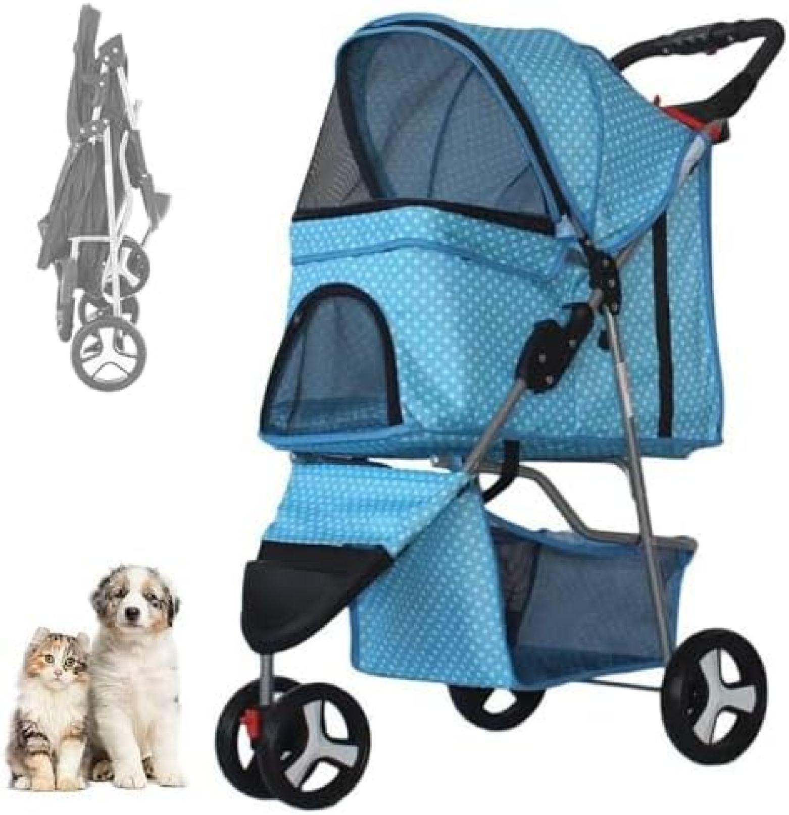 【20%OFFクーポン～】ペットカート ペット用ベビーカー 犬のベビーカー 猫のベビーカー 3 ホイールペットベビーカー、折り畳み式ケージジョガー旅行ベビーカー、オールシーズン、ストレージバスケット、カップホルダー、通気性と小