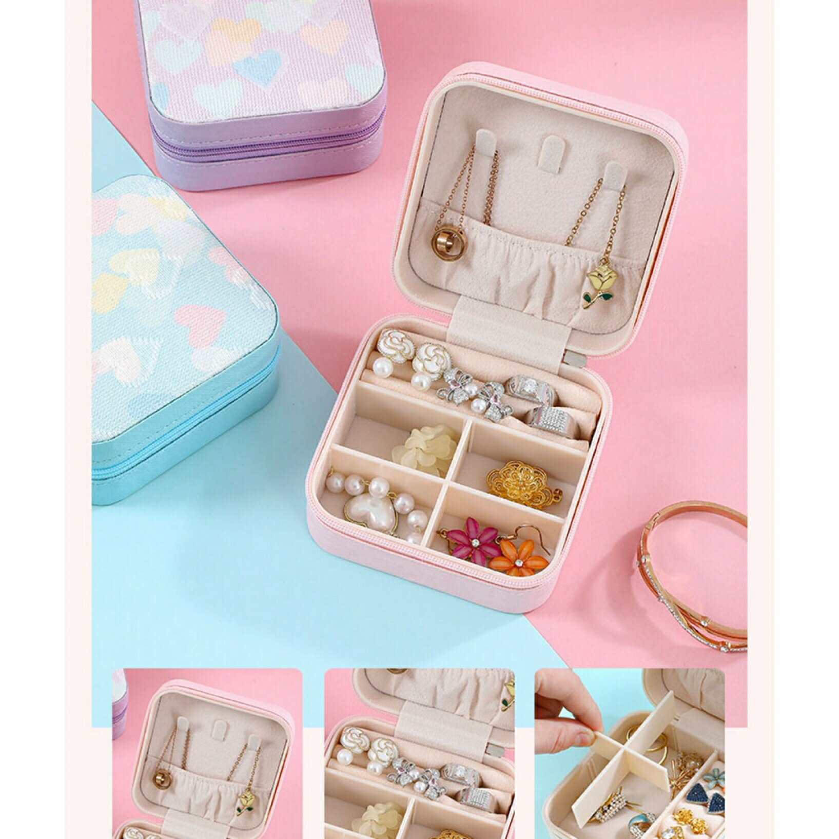 【20%OFFクーポン〜】ジュエリーボックス アクセサリーケース ジュエリー収納 宝石箱 ミニ 携帯用 おしゃれ コンパクト 持ち運び 小物入れ ピアス ネックレス リング 指輪置き ジュエリーバッグ 女性用 結婚式 記念日