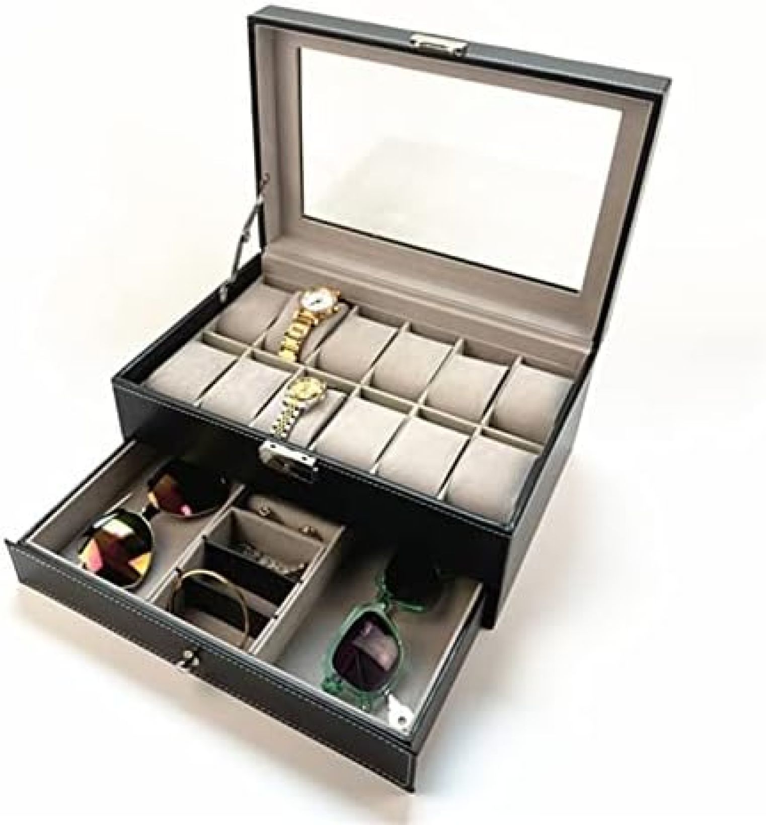 【20%OFFクーポン〜】サングラス収納ケース ウォッチボックス12ビット二重層ジュエリーボックスリング..