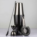 【20%OFFクーポン〜】カクテルシェーカーセット ステンレス製 4点セット 黒色 850ml/550ml 練習 バーテンダー ワイン 酒 バー用 ホーム キッ...