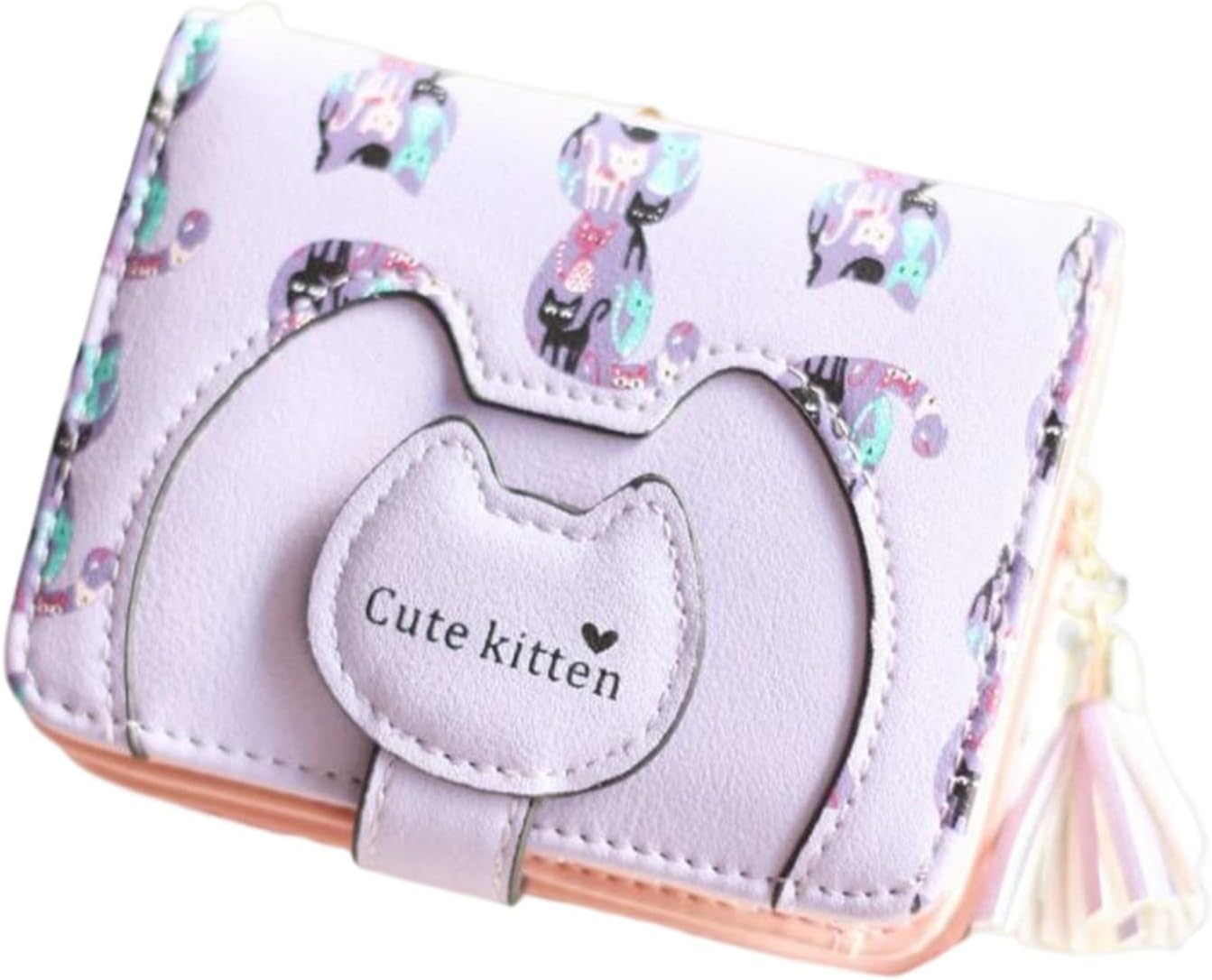 【20%OFFクーポン】レディース 財布 2つ折り 小さい 猫柄 英字柄 タッセル ボタン 軽い 大容量 カード入れ 小銭入れなし 多機能 使いやすい コインケース ウォレット 可愛い おしゃれ 贈り物 誕生日 PUレザー