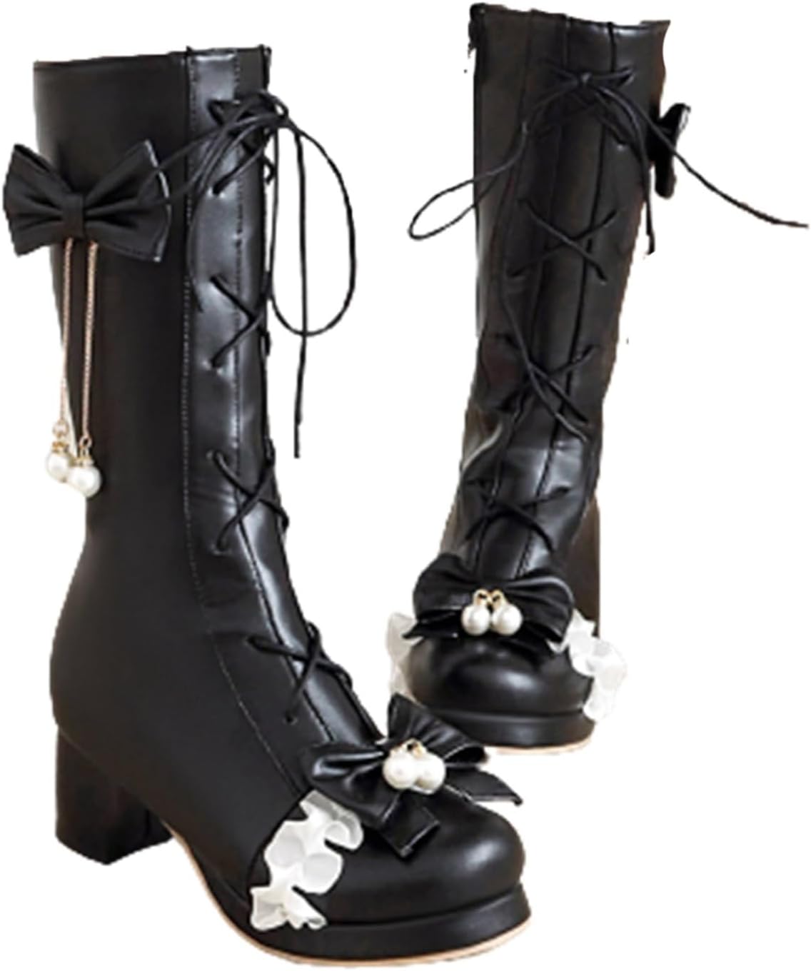 【20%OFFクーポン〜】編み上げ ミドルブーツ 騎士ブーツ ロリータ風 姫系可愛い レディース ハイヒール6cm リボン パール 蝶結び エレガント 大きいサイズ 膝下丈 甘ロリ Lolita 学生 仮装 花嫁