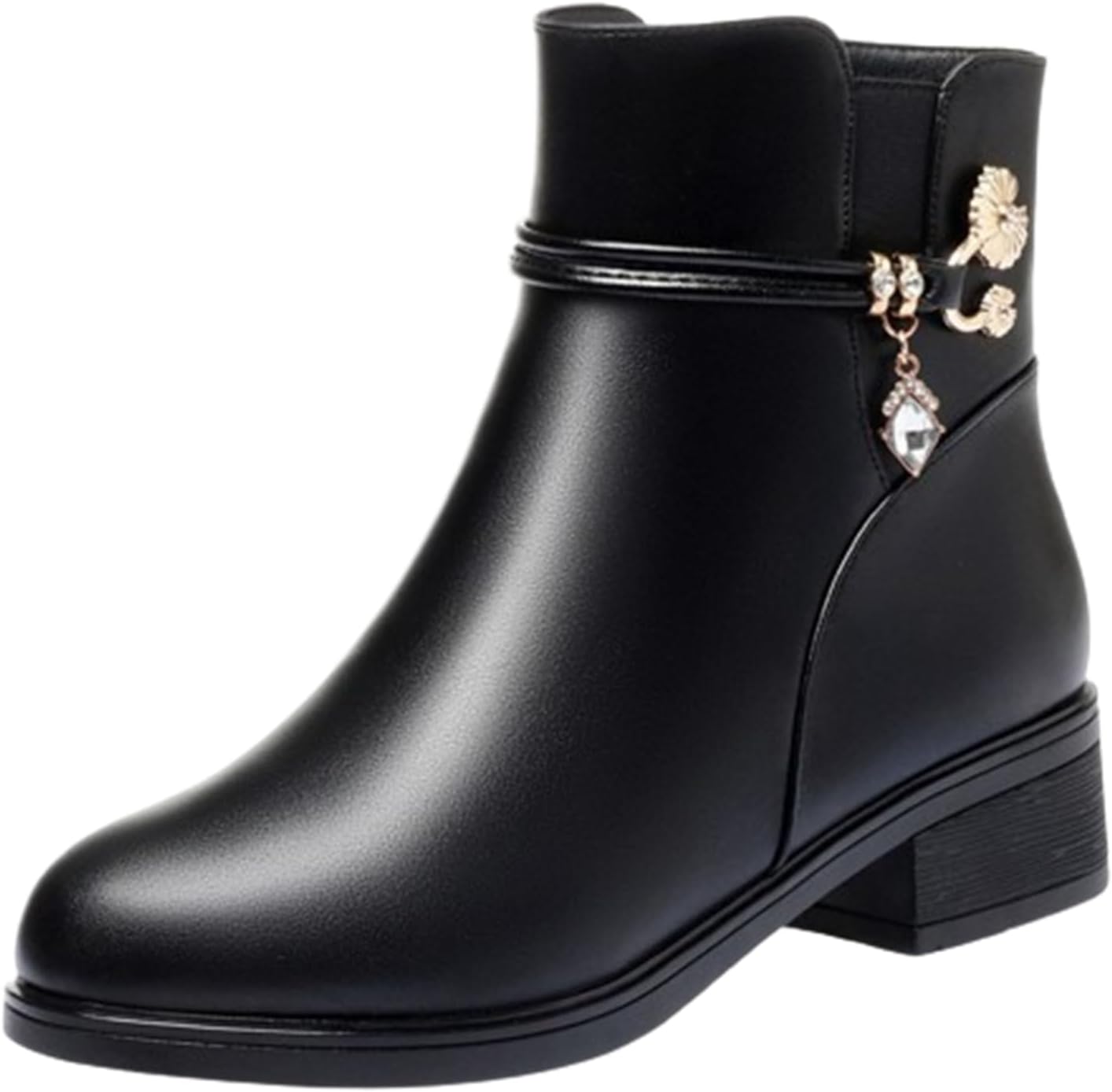 【20%OFFクーポン～】ショートブーツ ブーティー レディース 花飾り ラインストーン 26.5cmまで 黒 赤 ローヒール 粗いかかと サイドジッパー 防寒靴 太ヒール PUレザー 秋 冬 大きいサイズ 撥水 お母さん 中