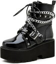 【20%OFFクーポン〜】ゴシックパンク ショットブーツ 厚底 レディース レースアップ パンク ロック チェーン付き プラットフォーム ブーティ 大きいサイズ...