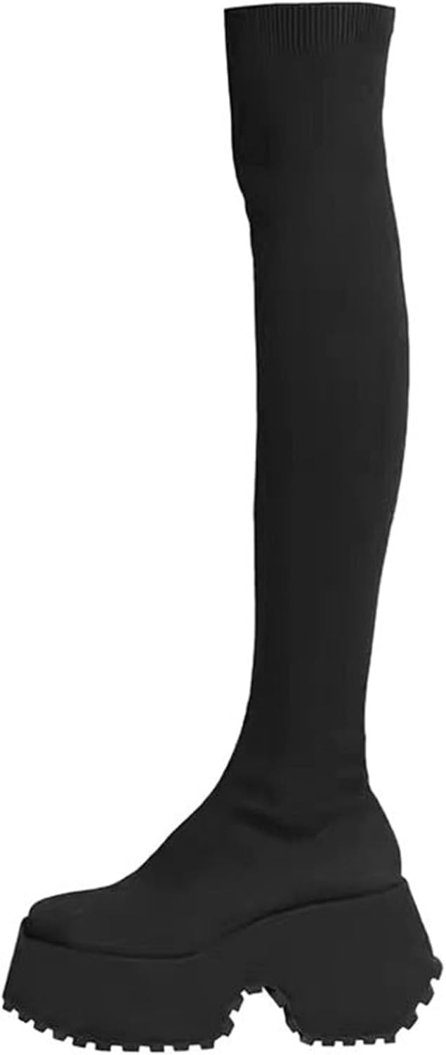 【20%OFFクーポン〜】ニーハイブーツ 厚底ブーツ レディース ニット プラットフォーム チャンキーヒール ロングブーツ ストレッチ レディース 長ブーツ サイハイ カジュアル 細見え 美脚 クッション性 軽い 滑り止め