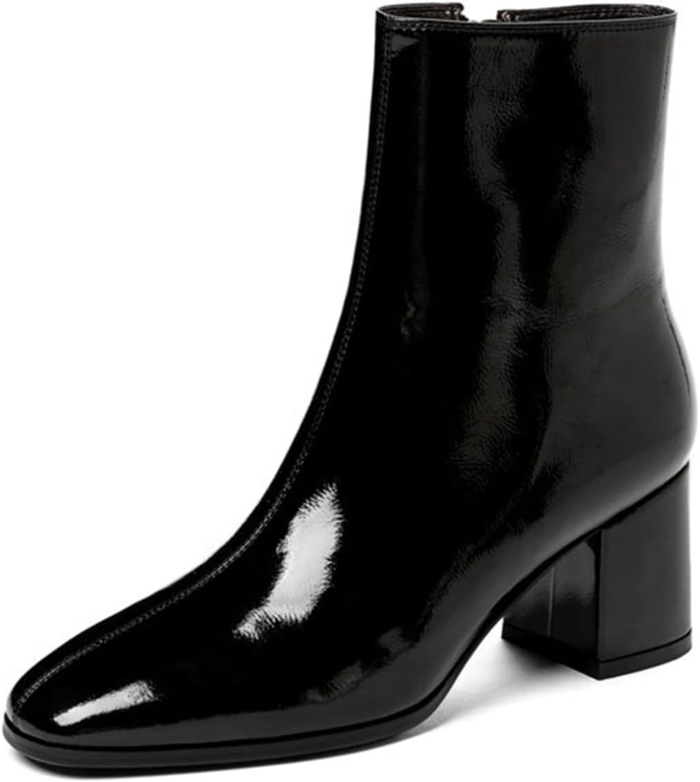 【20%OFFクーポン〜】レディースブーツ ショート丈 スクエアトゥブーツ サイドジッパー エナメル 広め..