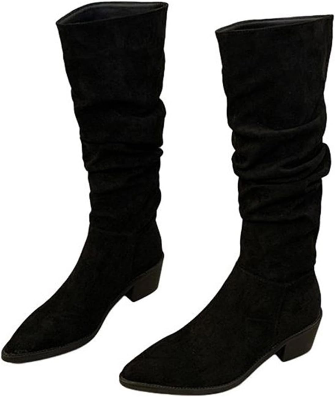 【20%OFFクーポン〜】ロングブーツ スエード 長ブーツ ポインテッドトゥ チャンキーヒール くしゅくしゅ ドレープ ジョッキーブーツ カジュアル 美脚 ストレッチ ヴィンテージ ソフト 履き心地いい 軽量 滑り止め
