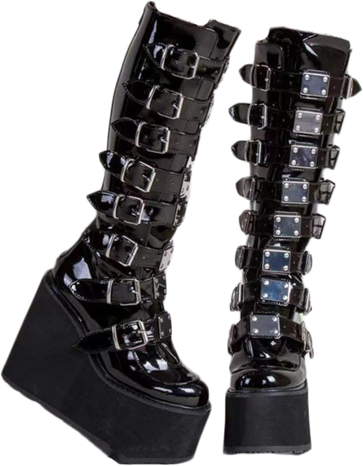 【20%OFFクーポン〜】超厚底12cm ロングブーツ ギャル系 原宿風 編み上げ バックジップ ジョッキー 大きいサイズ レディース 身長アップ パンク ゴシック プラットフォーム B系 欧米風 仮装 派手
