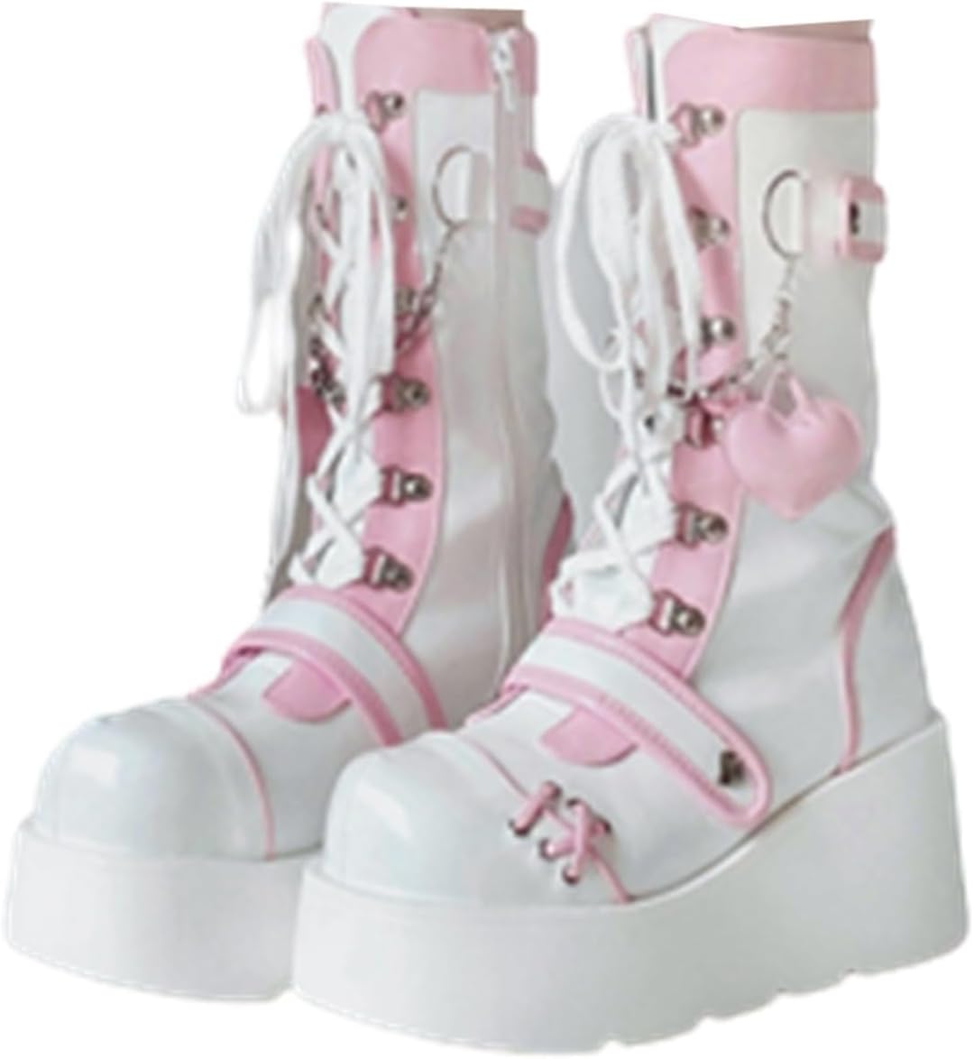 【20%OFFクーポン〜】ミドルブーツ 編み上げブーツ レディース プラットフォーム 厚底靴 ハート かわいい 病み可愛い 切り替え 身長アップ 騎士ブーツ 地雷系 原宿風 おしゃれ ロリータ ゴスロリ パンク 秋靴冬靴