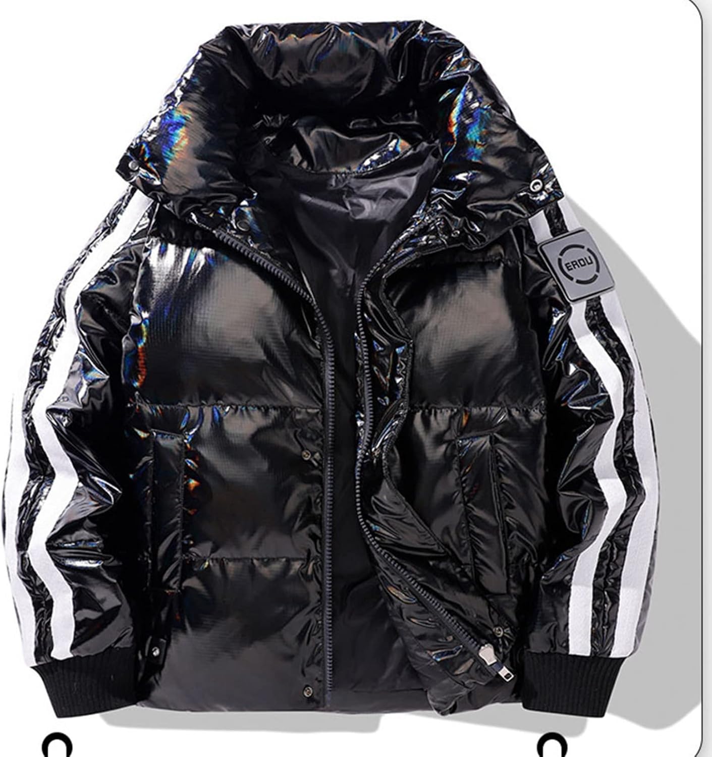 【20%OFFクーポン〜】ダウンジャケット メンズ ダウンコート ショート丈 90%ダウン 暖かい 厚手 あたたかい おしゃれ エナメル 光沢 ストライプ ストリート 防風防寒 防寒ジャケット 立ち襟 冬服 カジュアル アウト