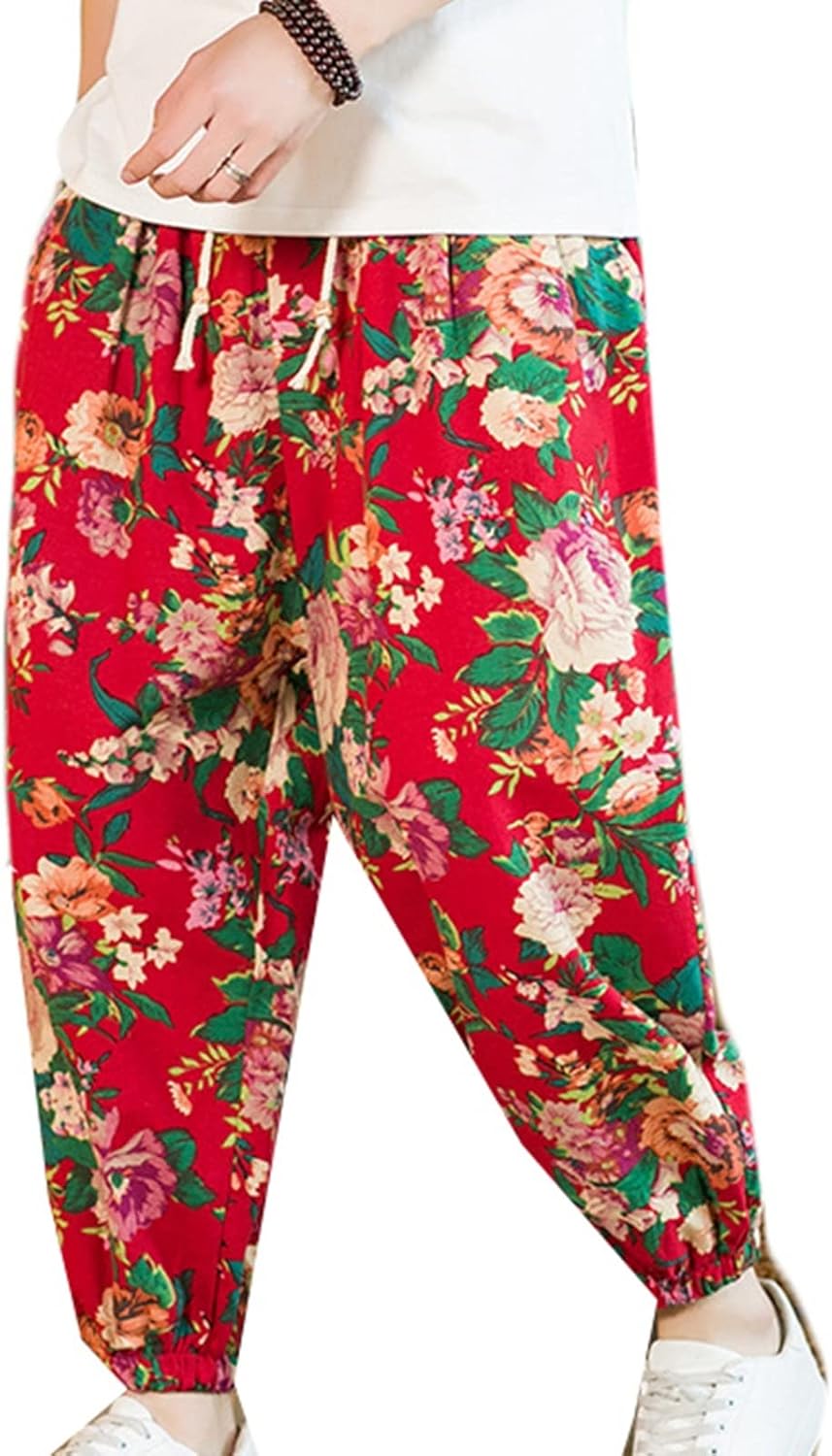 【20%OFFクーポン〜】花柄 サルエルパンツ メンズ リネン ワイドパンツ 薄手 大きいサイズ M~5XL ゆっ..