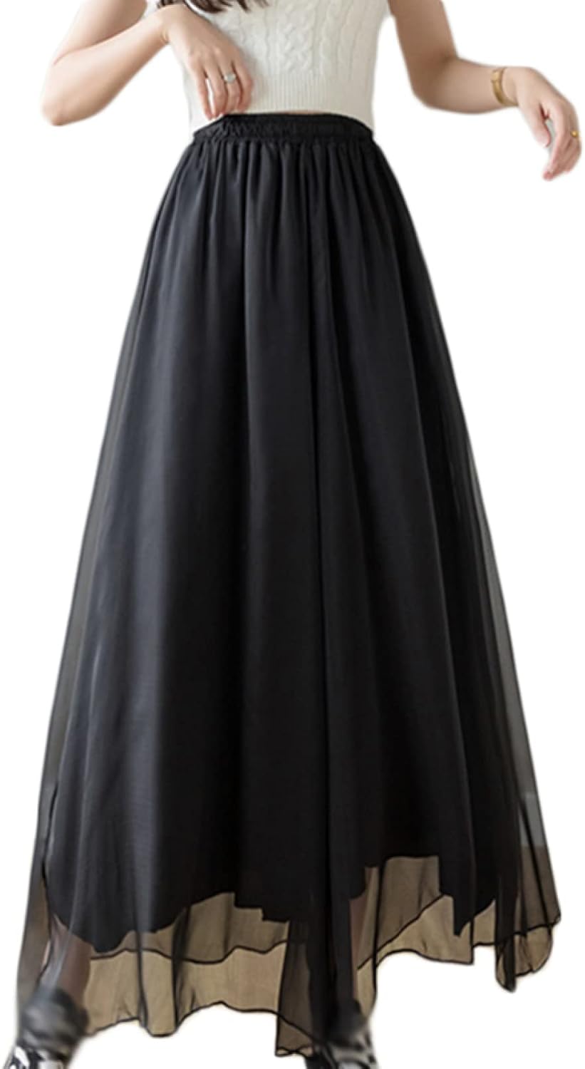 【20%OFFクーポン～】ワイドパンツ レディース スカーチョ ゆったり 春秋夏ガウチョパンツ リブ ひざ下 2枚重ね ウエストゴムロング ギャザー レイヤード ウエスト プリーツ ロング フリル シフォン 秋 2枚重ね レデ