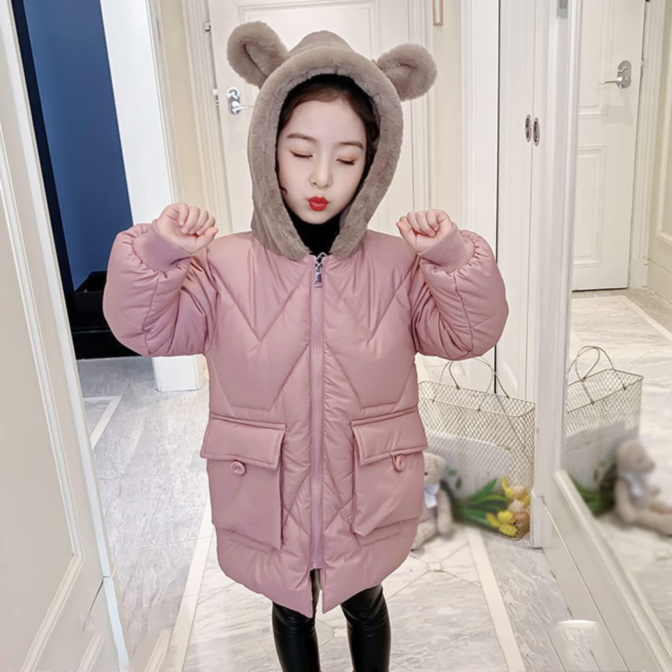 【20%OFFクーポン〜】ダウンコート 子供服 キッズ フード付き クマ耳 ロングアウター 冬 長袖 ダウンジャケット 前開き ジップアップ ジャンパー 女の子 男の子 赤ちゃん服 軽量 無地 コート ベビー服 暖かい 冬服