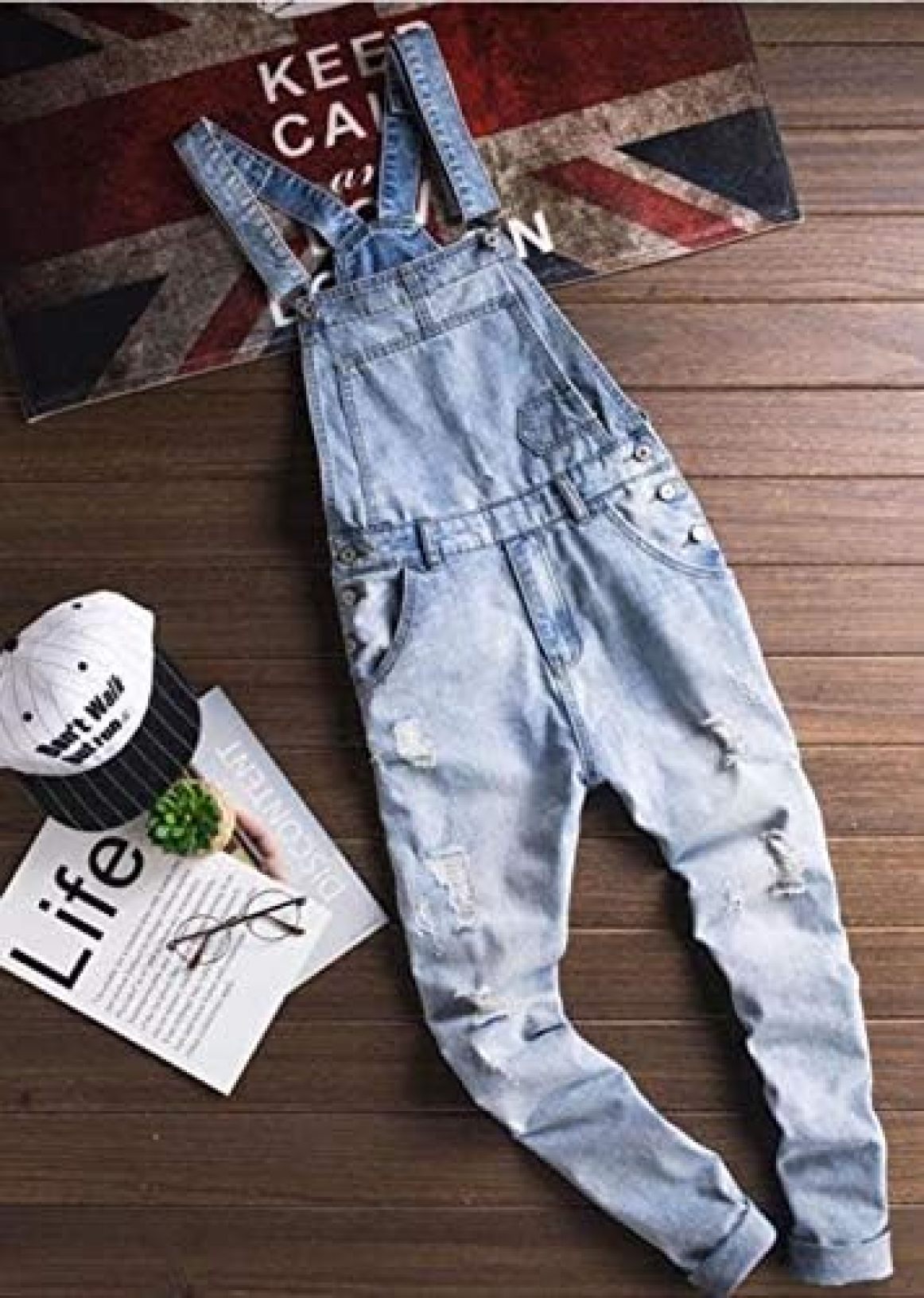 【20%OFFクーポン〜】オーバーオール メンズ オールインワン サロペット スリム デニムパンツ ロングパンツ 原宿系 ダメージ加工 春物