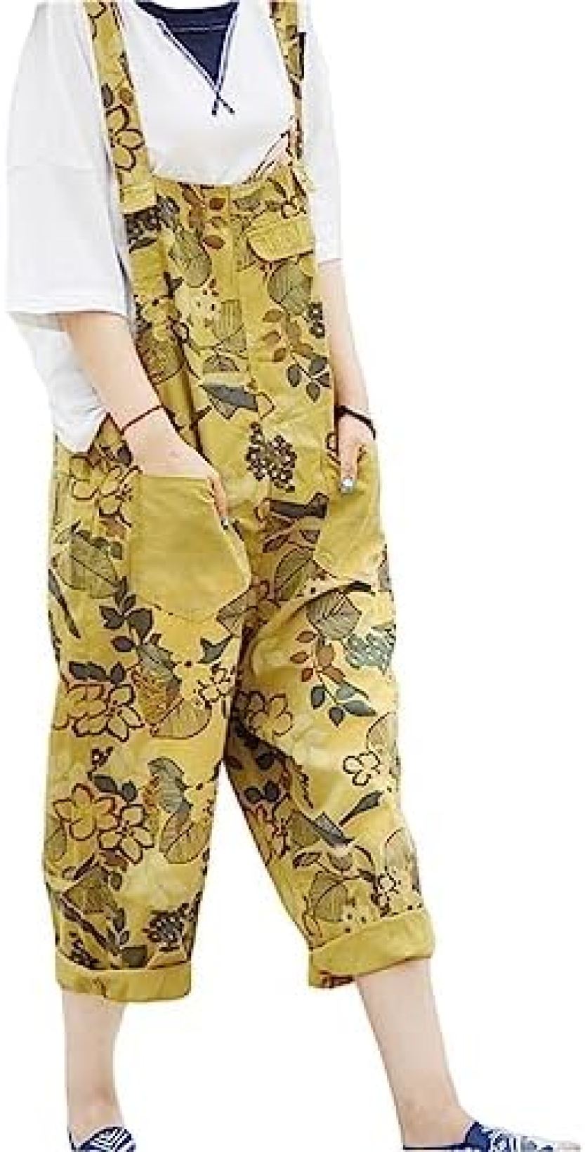 【20%OFFクーポン～】デニムサロペット レディース オールインワン オーバーオール ロングパンツ ワイドパンツ ズボン ミモレ丈 ストレート ダメージ 花柄 葉柄 カジュアル ゆったり オーバーサイズ 秋 春夏 体型カバー