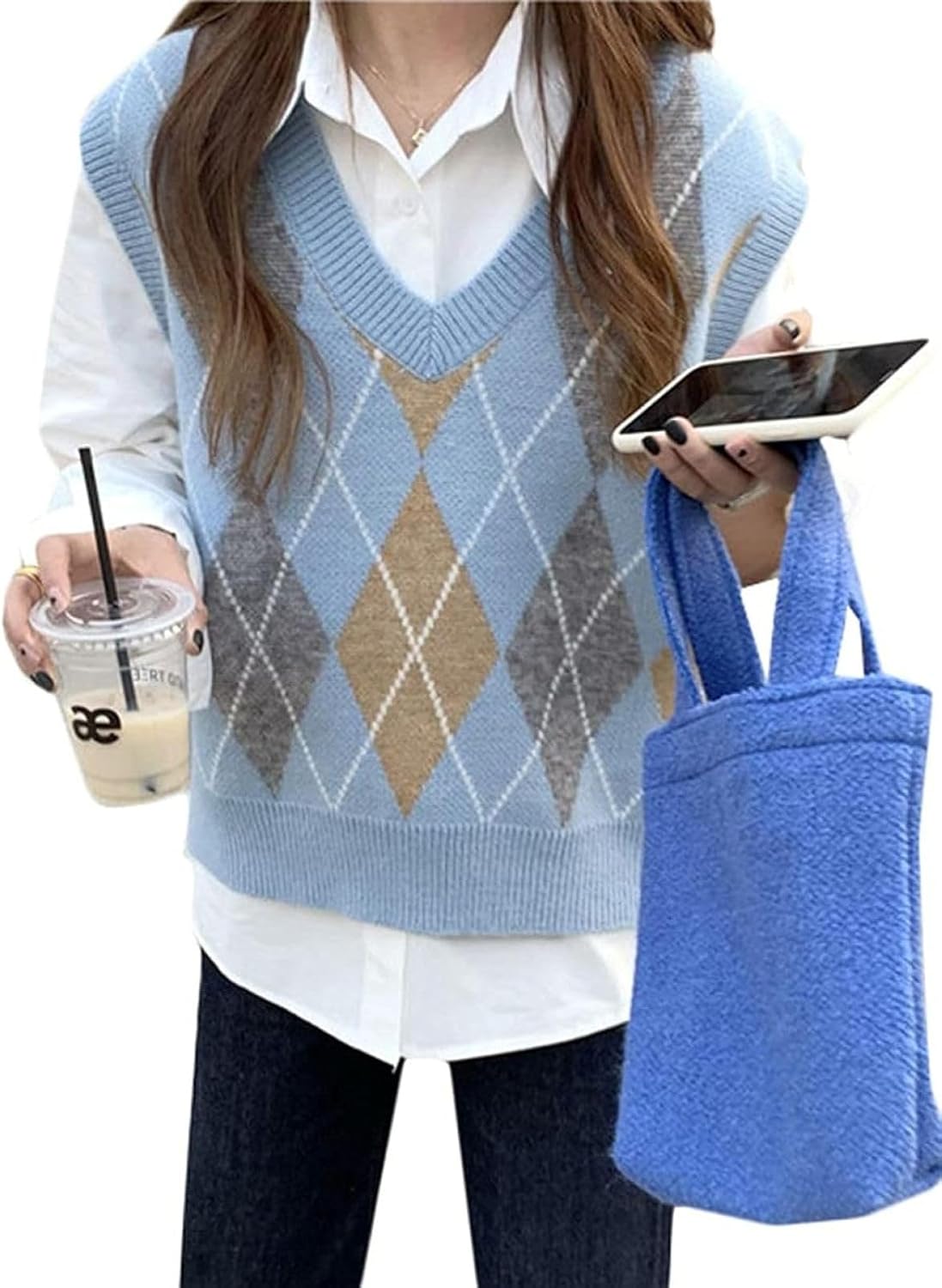 ニットベスト レディース Vネック アーガイル柄 ショート セーターチョッキ スタイル 上質 スクール チョッキベスト 暖かい オシャレ 重ね着 厚手 肌に優し...