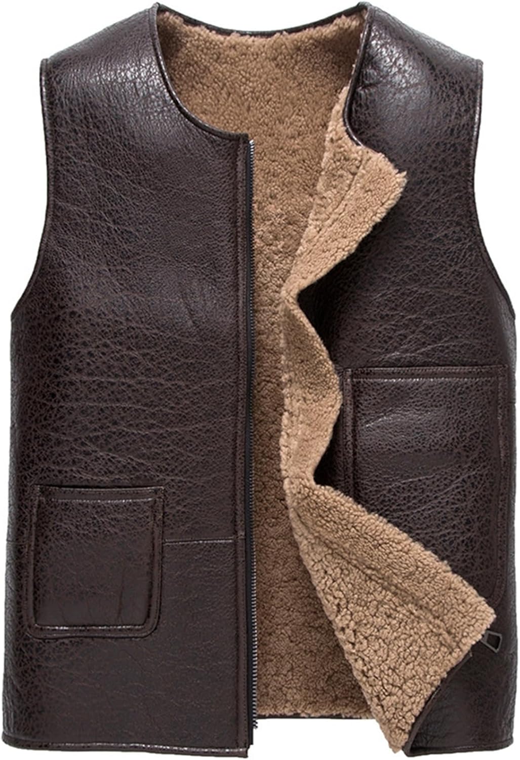 楽天Yokos秋冬 ウールムートンベスト ラム革 レザーベスト 丸首 ライダースジャケット 袖なし 防風 あったかベスト 厚手 本革 チョッキ ジレ 大きいサイズ カジュアル ビジネス アウトドア バイク用 アウタ